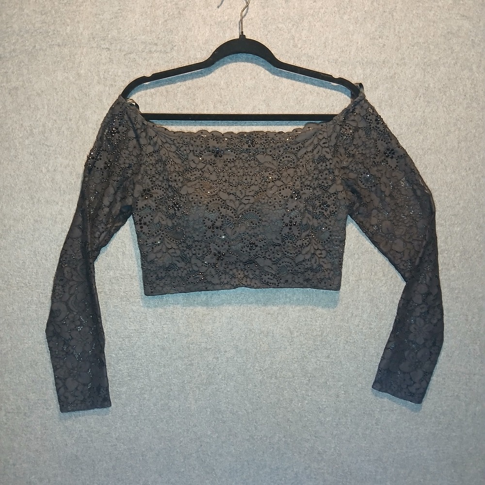 Hannah S Rhinestone Lace Off Shoulder Crop Top Black Dark Femme Fairy Goth Sz 8